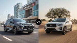 Bahrain Financial Harbour on the left, and a rugged Japanese SUV