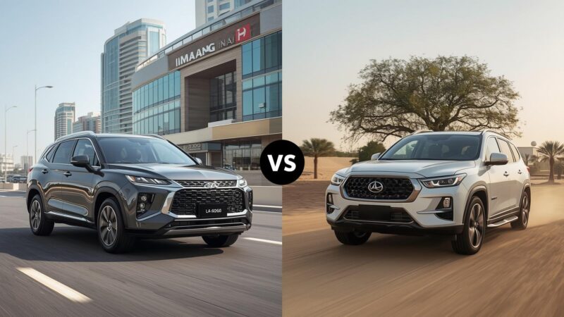Bahrain Financial Harbour on the left, and a rugged Japanese SUV